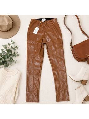Mud Pie Ander Slit Faux Leather Leggings NWT Camel Brown Size Small